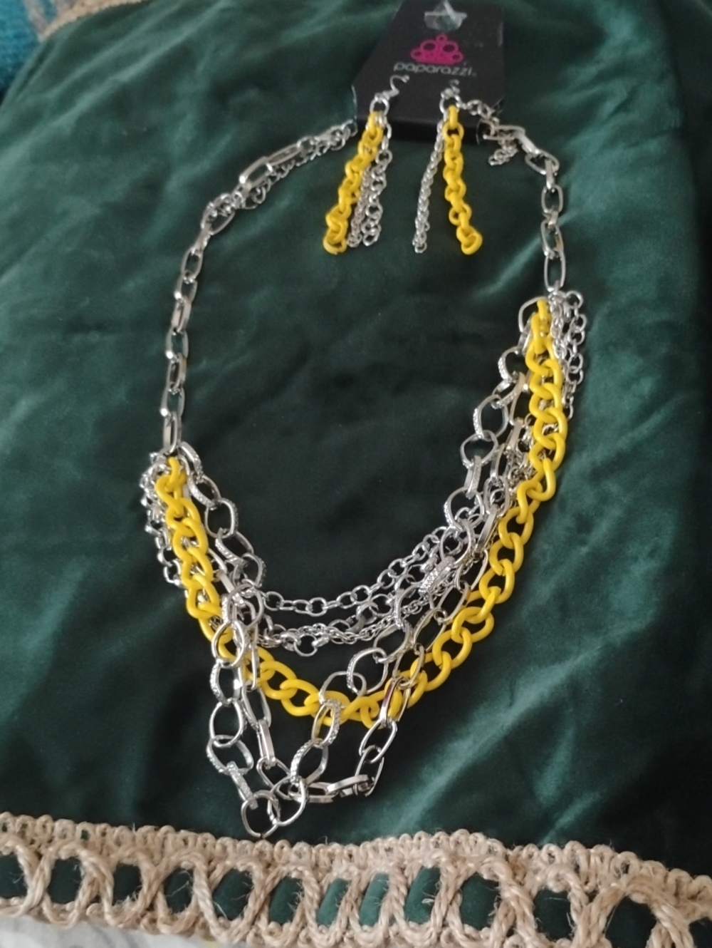 paparazzi Yellow and Silver Multi-Layer Chain Necklace with Matching Earrings